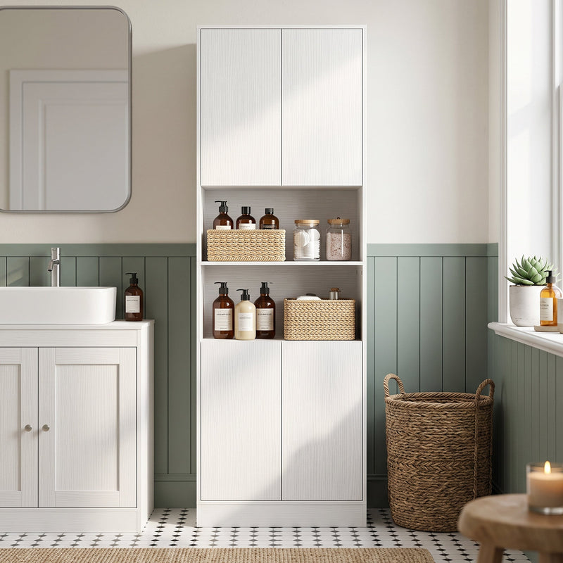 White kitchen cabinet open shelf storing jars and tins