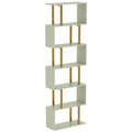 Front view of the tall open bookshelf in light green with gold-tone steel frame