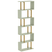 Front view of the tall open bookshelf in light green with gold-tone steel frame