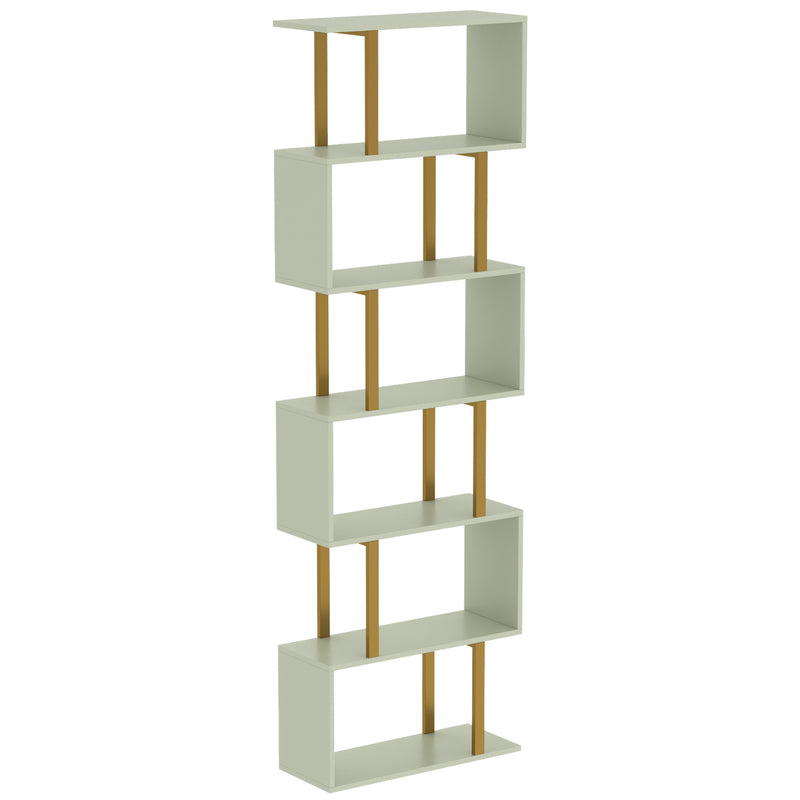Front view of the tall open bookshelf in light green with gold-tone steel frame