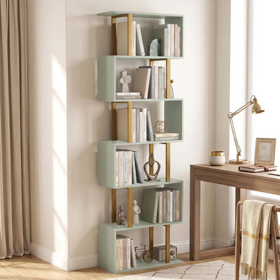Angled view of the tall open bookshelf showing the open shelf compartments