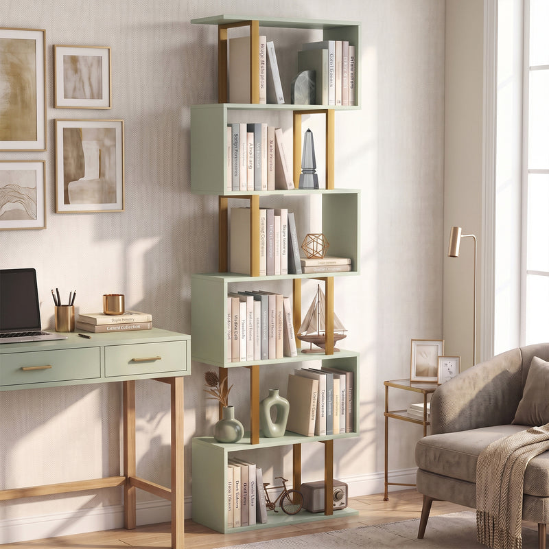 Full side view of the tall open bookshelf
