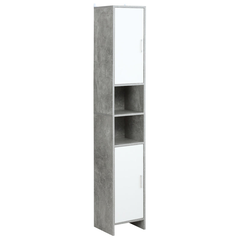 Tall slim bathroom cabinet in grey and white, front view