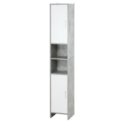 Tall grey and white cabinet, angled view on a white background