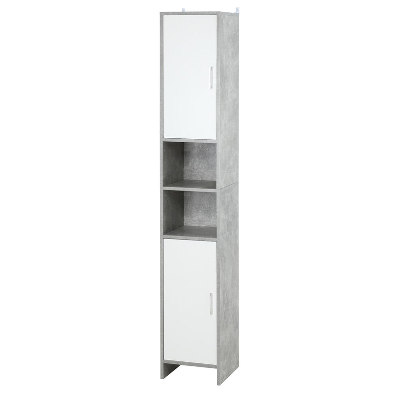 Tall grey and white cabinet, angled view on a white background