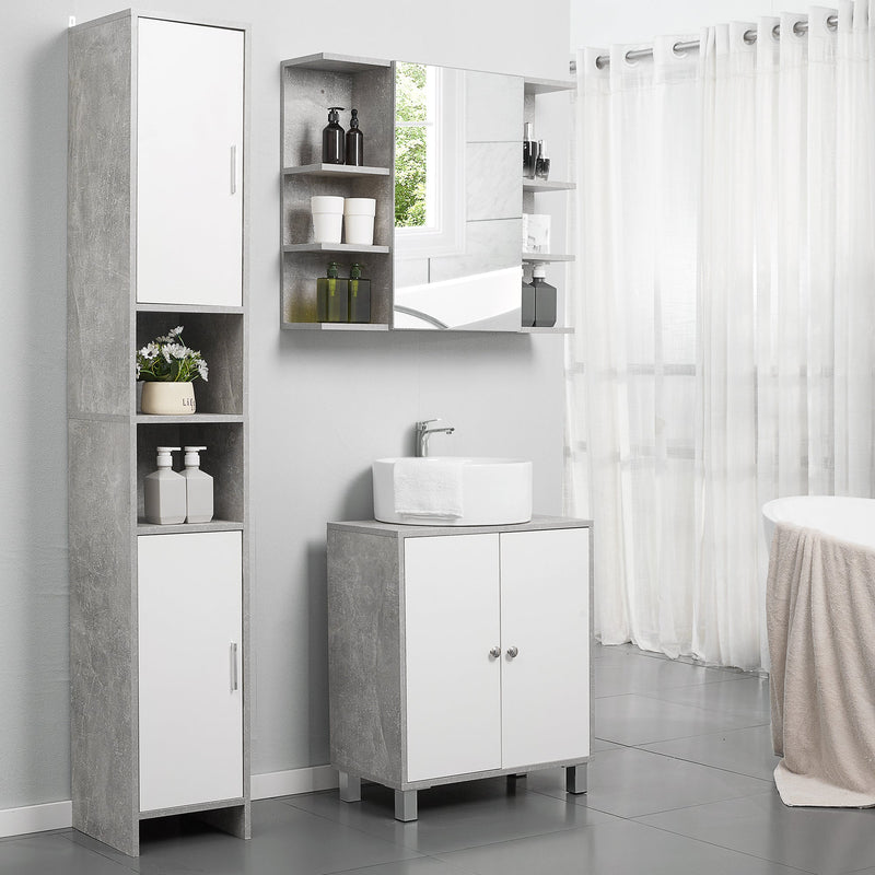 Tall slim cabinet beside a pedestal basin and wall mirror in a bathroom