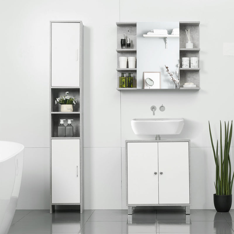 Tall grey and white cabinet beside a basin unit in a white bathroom