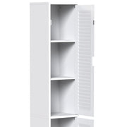 Close-up of the open cabinet showing shelves and a louvered door