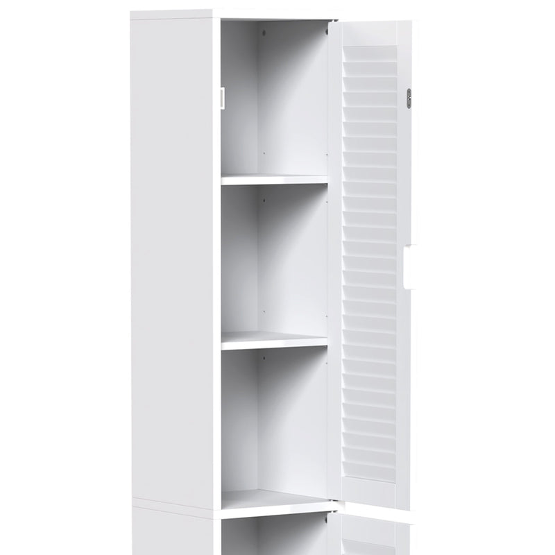 Close-up of the open cabinet showing shelves and a louvered door