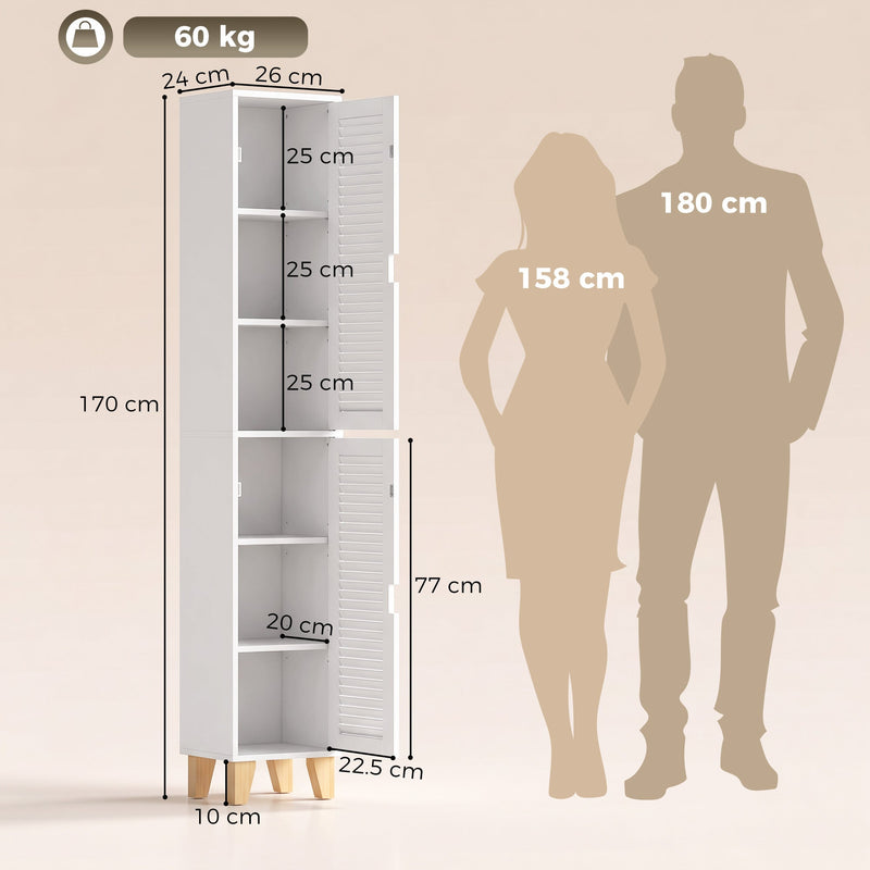 Dimensions diagram showing 170 cm height, 26 cm width, 24 cm depth, 10 cm leg height and 60 kg capacity