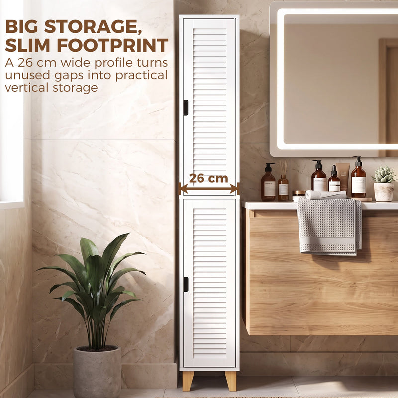Slim 26 cm wide cabinet beside a bathroom vanity and houseplant