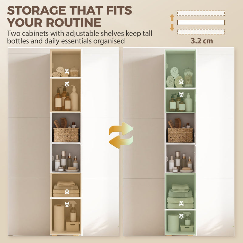 Two cabinet interiors with adjustable shelves moving in 3.2 cm steps, filled with bottles and towels