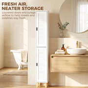 Louvered doors on the tall white cabinet beside a bathtub and sink