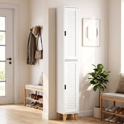 Tall white cabinet in a hallway beside a door, coat hooks and shoe bench