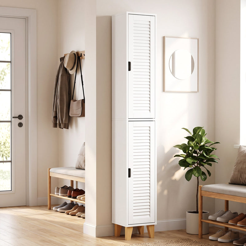 Tall white cabinet in a hallway beside a door, coat hooks and shoe bench
