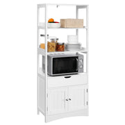 Tall white bathroom storage cabinet by Vasagle, open cabinet doors view