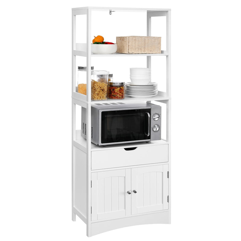 Tall white bathroom storage cabinet by Vasagle, open cabinet doors view