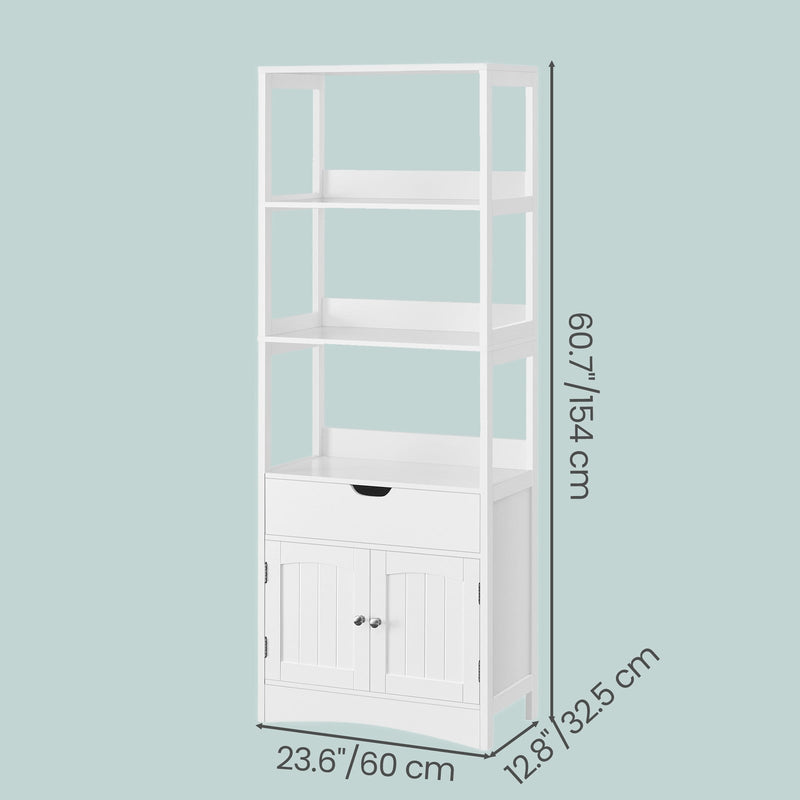 Tall white bathroom storage cabinet by Vasagle, drawer detail view