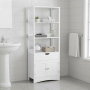 Tall white bathroom storage cabinet by Vasagle, styled in a bathroom setting