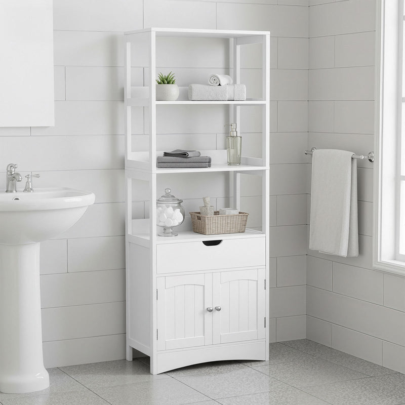 Tall white bathroom storage cabinet by Vasagle, styled in a bathroom setting