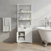 Tall white bathroom storage cabinet by Vasagle, side angle view