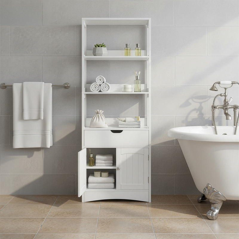 Tall white bathroom storage cabinet by Vasagle, side angle view