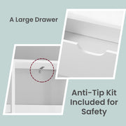 Tall white bathroom storage cabinet by Vasagle, anti-tip kit detail