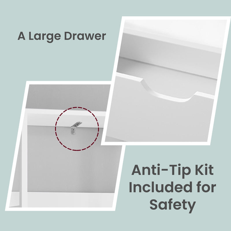 Tall white bathroom storage cabinet by Vasagle, anti-tip kit detail