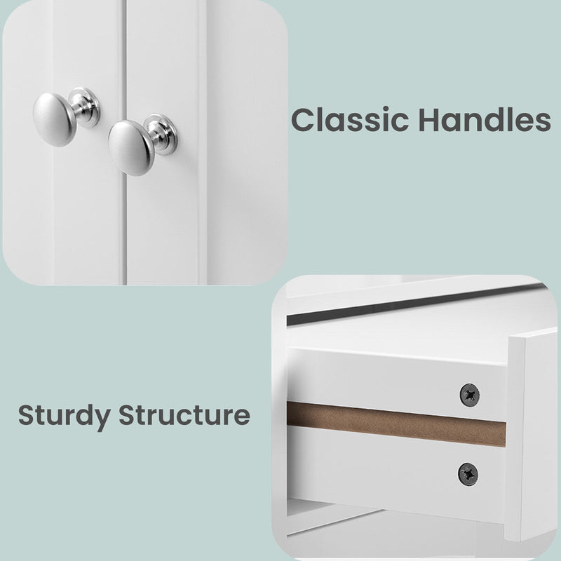 Tall white bathroom storage cabinet by Vasagle, dimensions diagram