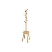 Tall wooden coat rack stand in natural beige on a white background, studio product shot