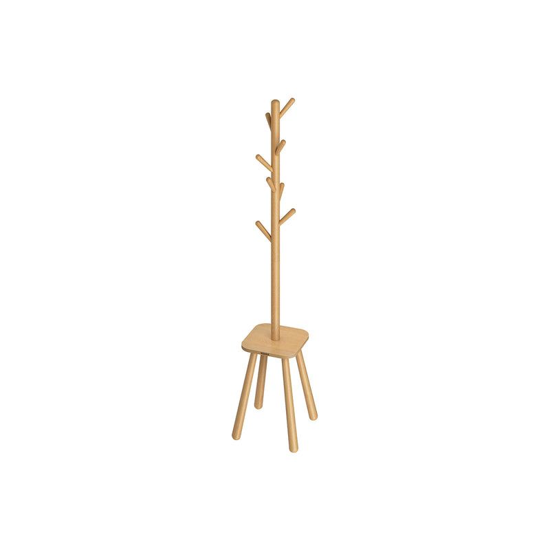 Tall wooden coat rack stand in natural beige on a white background, studio product shot