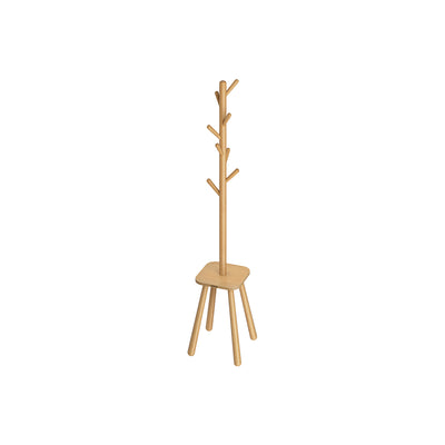 Tall wooden coat rack stand in natural beige on a white background, studio product shot