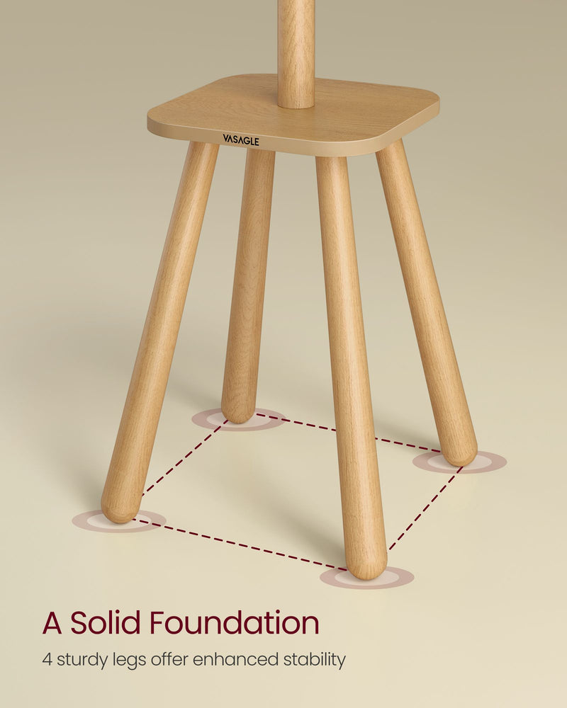 Close-up of the coat rack four-legged base with Vasagle logo, showing a stable footprint