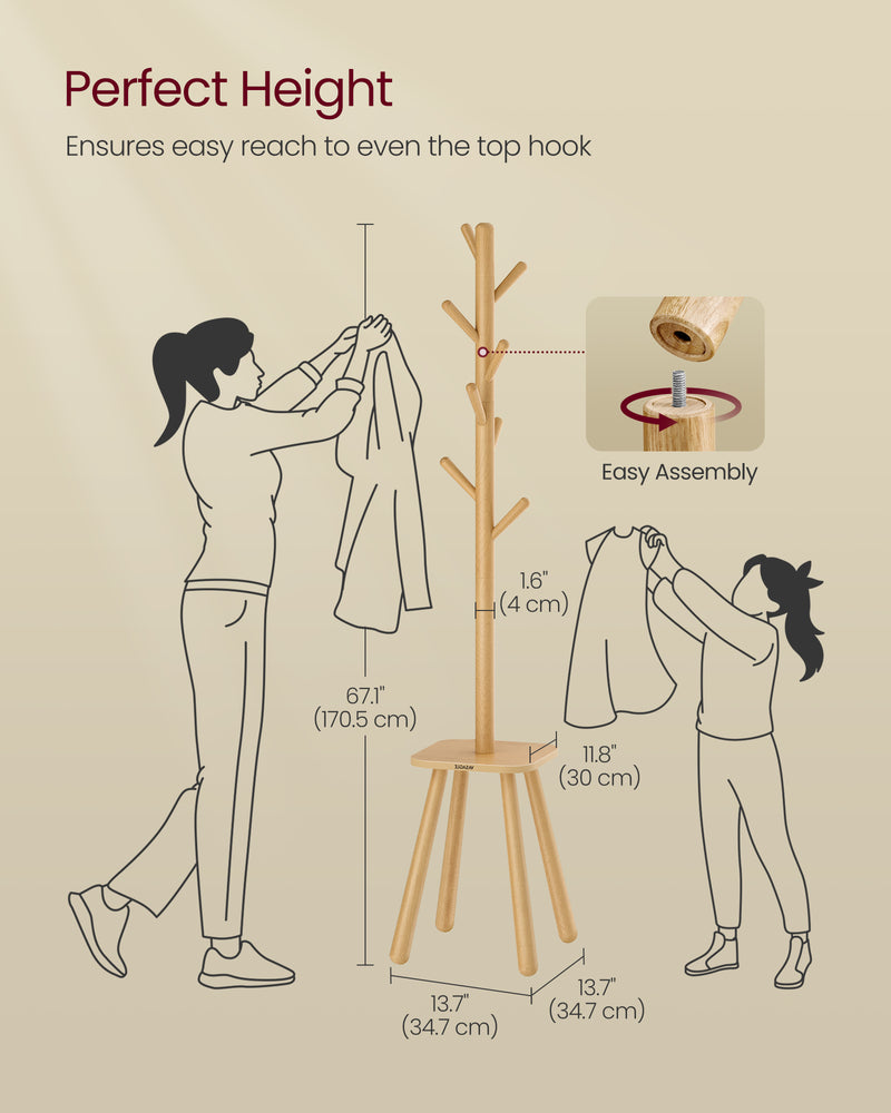 Dimensions diagram showing the coat rack 170.5 cm height and 34.7 cm base width