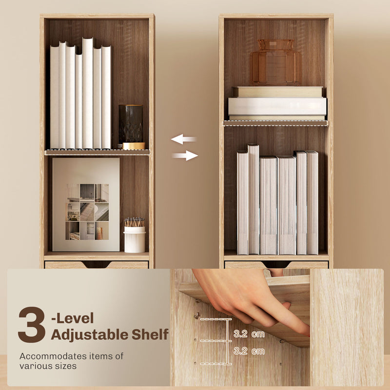 Tall Narrow 6 Tier Bookcase With Drawer And Door For Home Storage Natural Wood Finish AOSOM