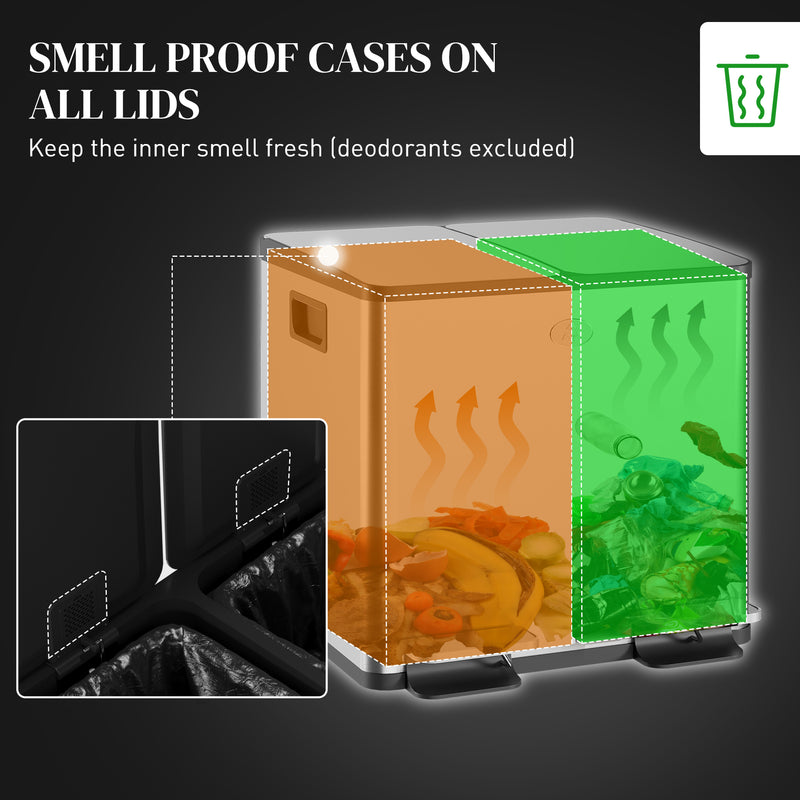 30L Dual Compartment Kitchen Recycling Bin with Deodoriser Holders Stainless Steel Silver
