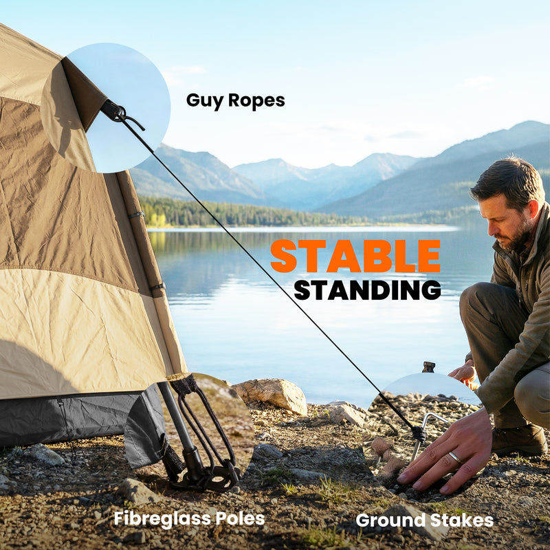 Pop Up 4 Person Tent for Quick Group Camping Shelter with Mesh Windows Brown and Khaki
