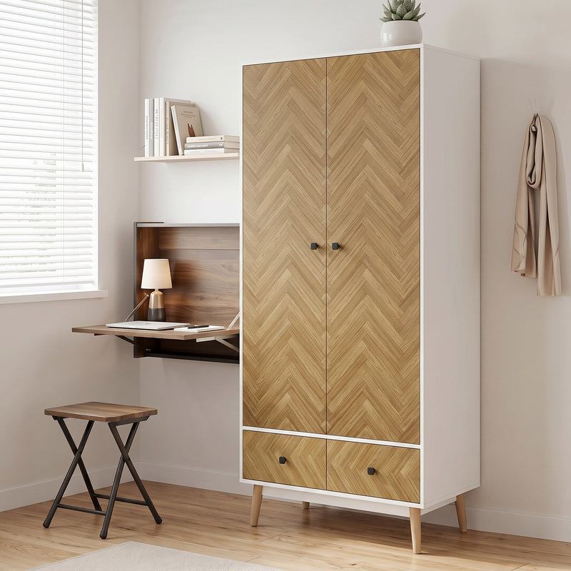 Wardrobe with Hanging Rail and Drawers for Organised Bedroom Storage White and Natural Wood