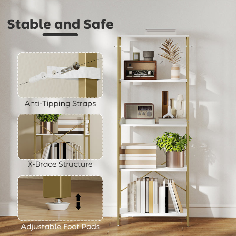 Gold and White Shelves For Living Room - 5 Tier Bookcase For Room Organisation - Gold Metal Frame With White Shelves Homcom
