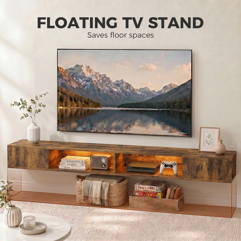 Floating Wall Mounted TV Unit with LED Lights, Storage, Cable Management for Tidy Living Room, Rustic Brown