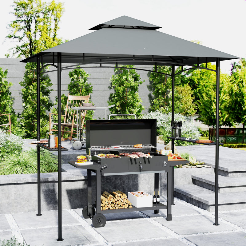 8 x 5 ft Grill Gazebo Double Tier BBQ Shelter with LED Lights Shelves and Hooks Dark Grey by Outsunny