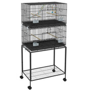 Two Tier Bird Cage with Wheeled Stand for Small Birds Ideal for Indoor Use, Grey