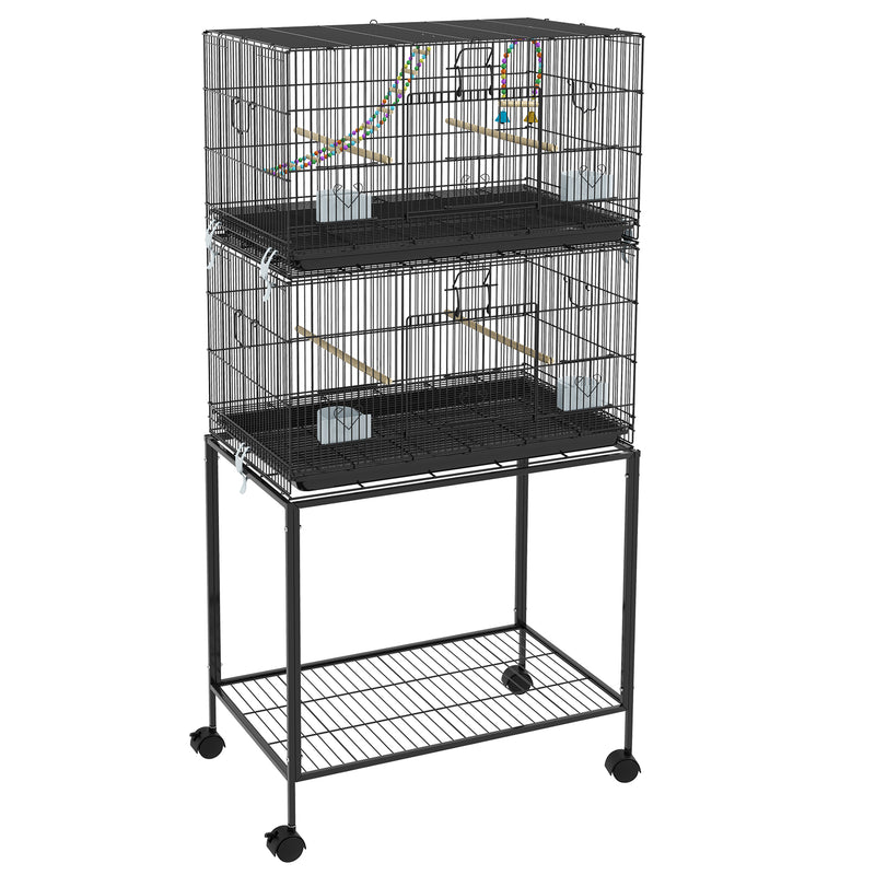 Two Tier Bird Cage with Wheeled Stand for Small Birds Ideal for Indoor Use, Grey