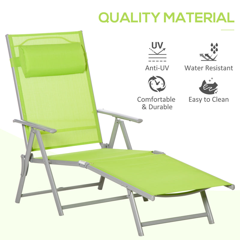 Green Folding Sun Lounger with Pillow and 7 Position Backrest for Garden and Patio Relaxing