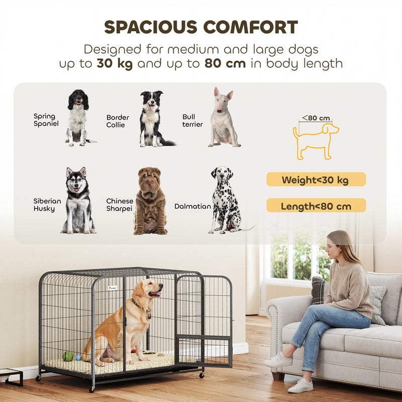 Large Dog Crate with Heavy Duty Steel Frame and Lockable Wheels for Secure Home Use Black Pawhut