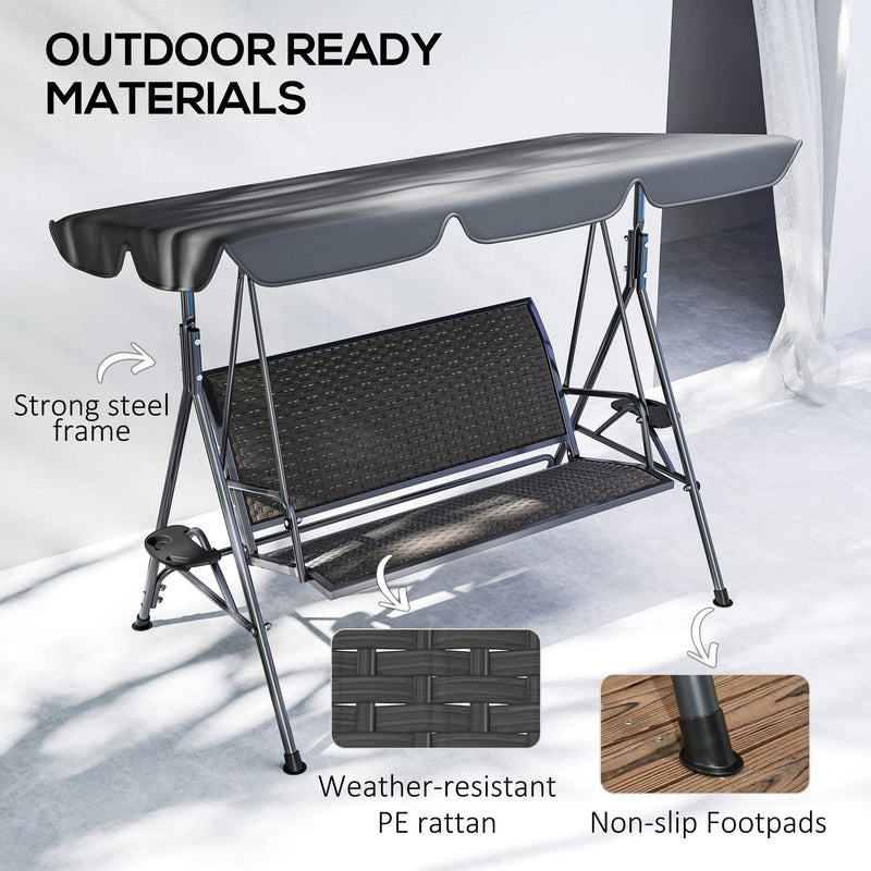 Grey 3 Seater Garden Swing Chair with Adjustable Canopy and Rattan Seat by Outsunny