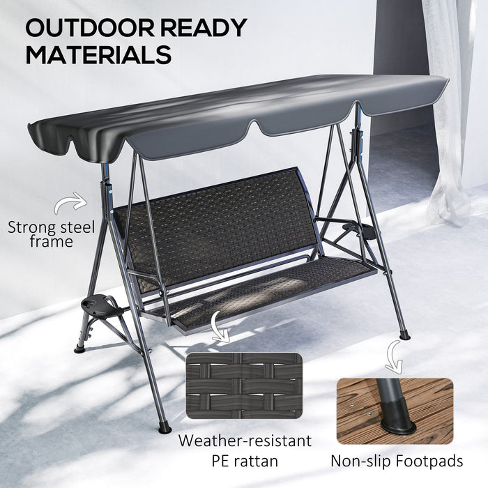 Grey 3 Seater Garden Swing Chair with Adjustable Canopy and Rattan Seat by Outsunny