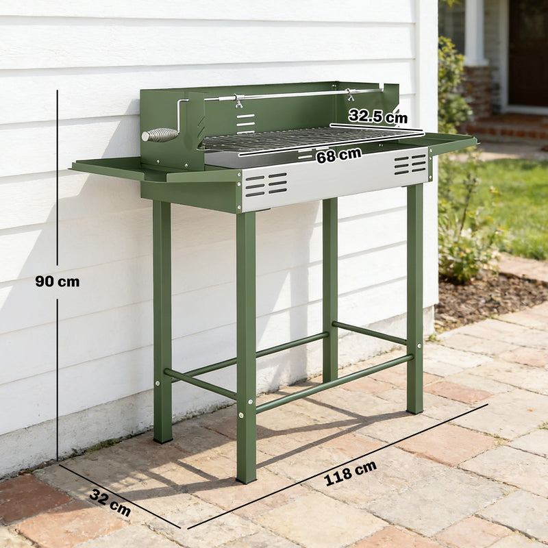 Charcoal BBQ Grill with Adjustable Rotisserie and Folding Shelves for Easy Outdoor Cooking Dark Green Outsunny