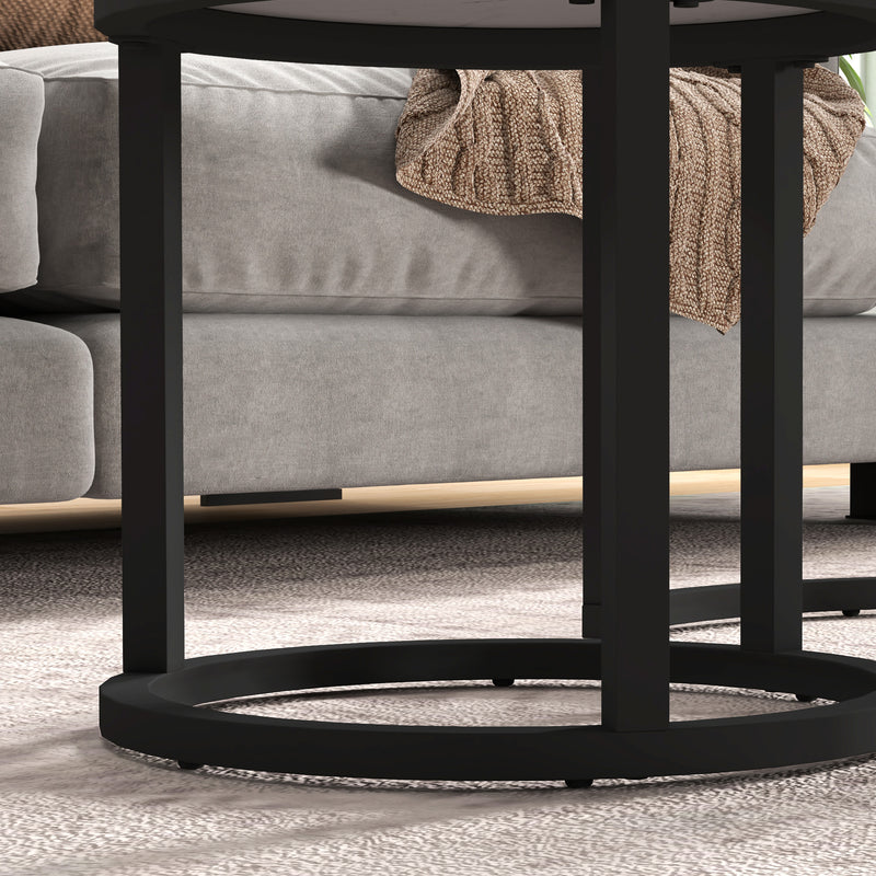 Set of 2 Round Nesting Coffee Tables with Marble Effect Glass and Steel Frame White by HOMCOM