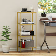 4 Tier Glass Shelving Unit For Living Room Or Office With Vertical Storage, Gold Tone